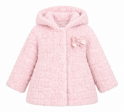   Ladybird girls' pink faux fur hooded coat in UK size 3-4 years. Soft, cosy and stylish with a cute bow detail, perfect for winter days and outings.