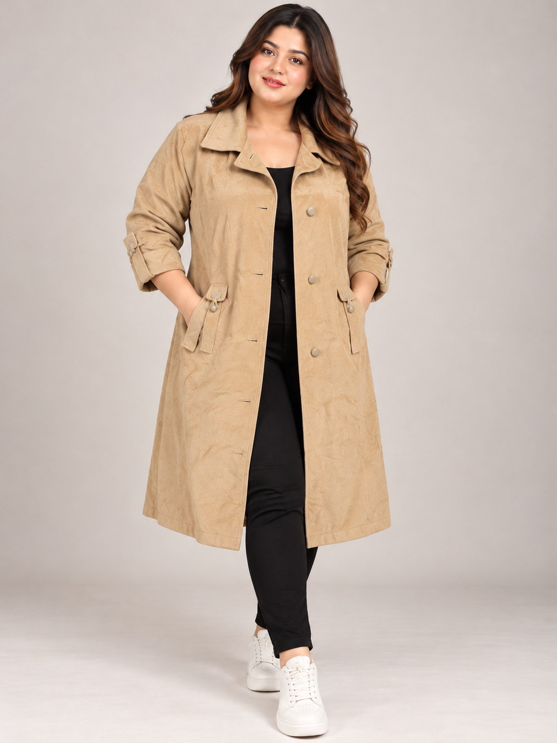  Lampert Women's Beige Suede-Look Longline Coat in UK 4XL, chest 25 inches. Stylish button-front plus-size outerwear for casual and smart looks.