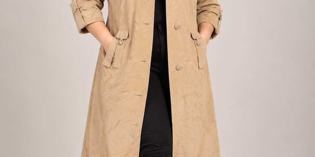  Lampert Women's Beige Suede-Look Longline Coat in UK 4XL, chest 25 inches. Stylish button-front plus-size outerwear for casual and smart looks.