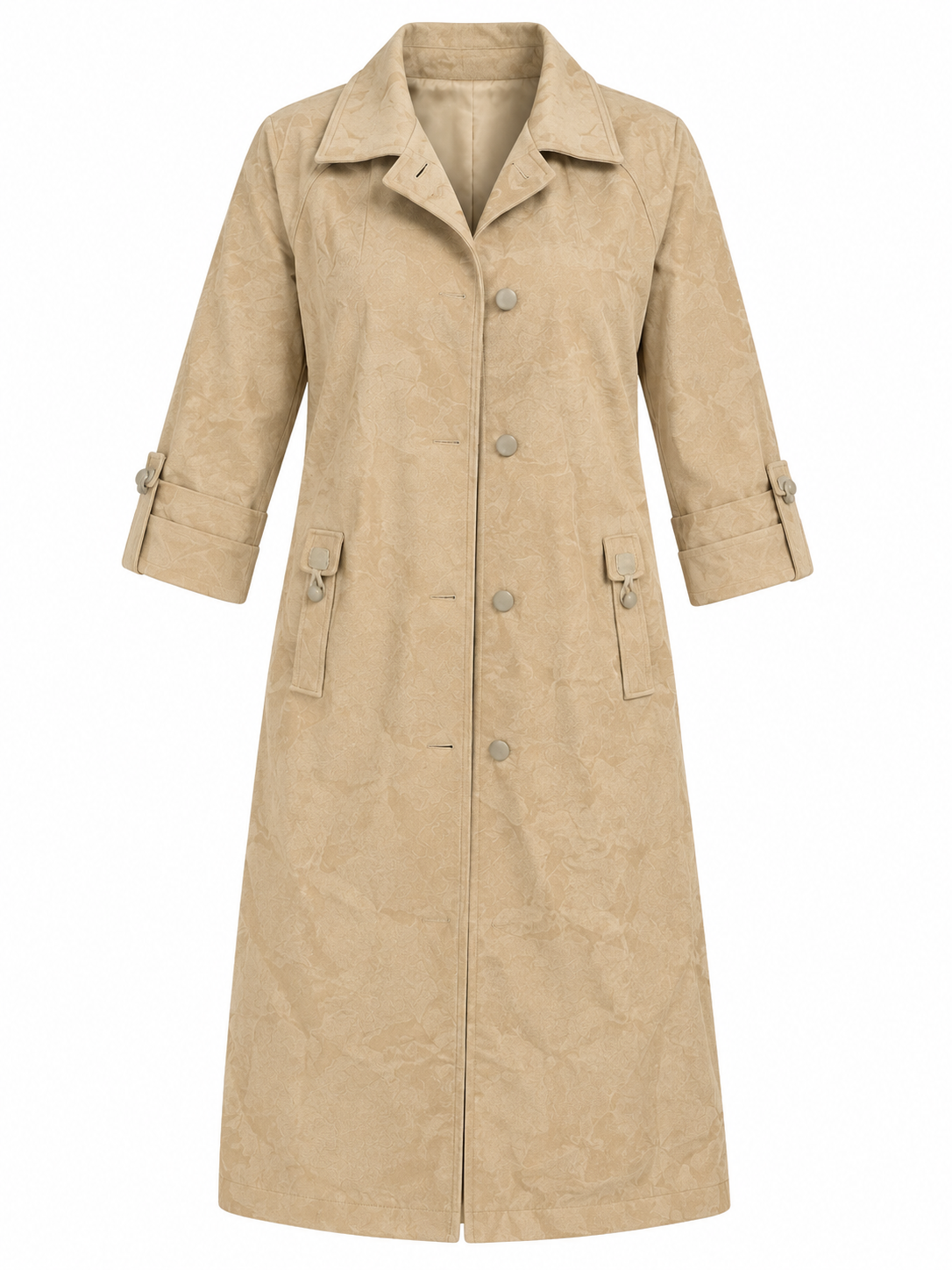  Lampert Women's Beige Suede-Look Longline Coat in UK 4XL, chest 25 inches. Stylish button-front plus-size outerwear for casual and smart looks.