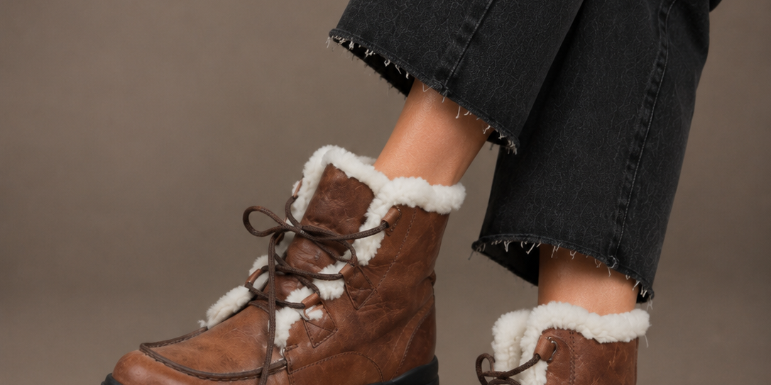 Lands End brown shearling-lined winter ankle boots, UK 9B, featuring lace-up fastening, chunky lug sole and warm lining. Stylish and comfortable.