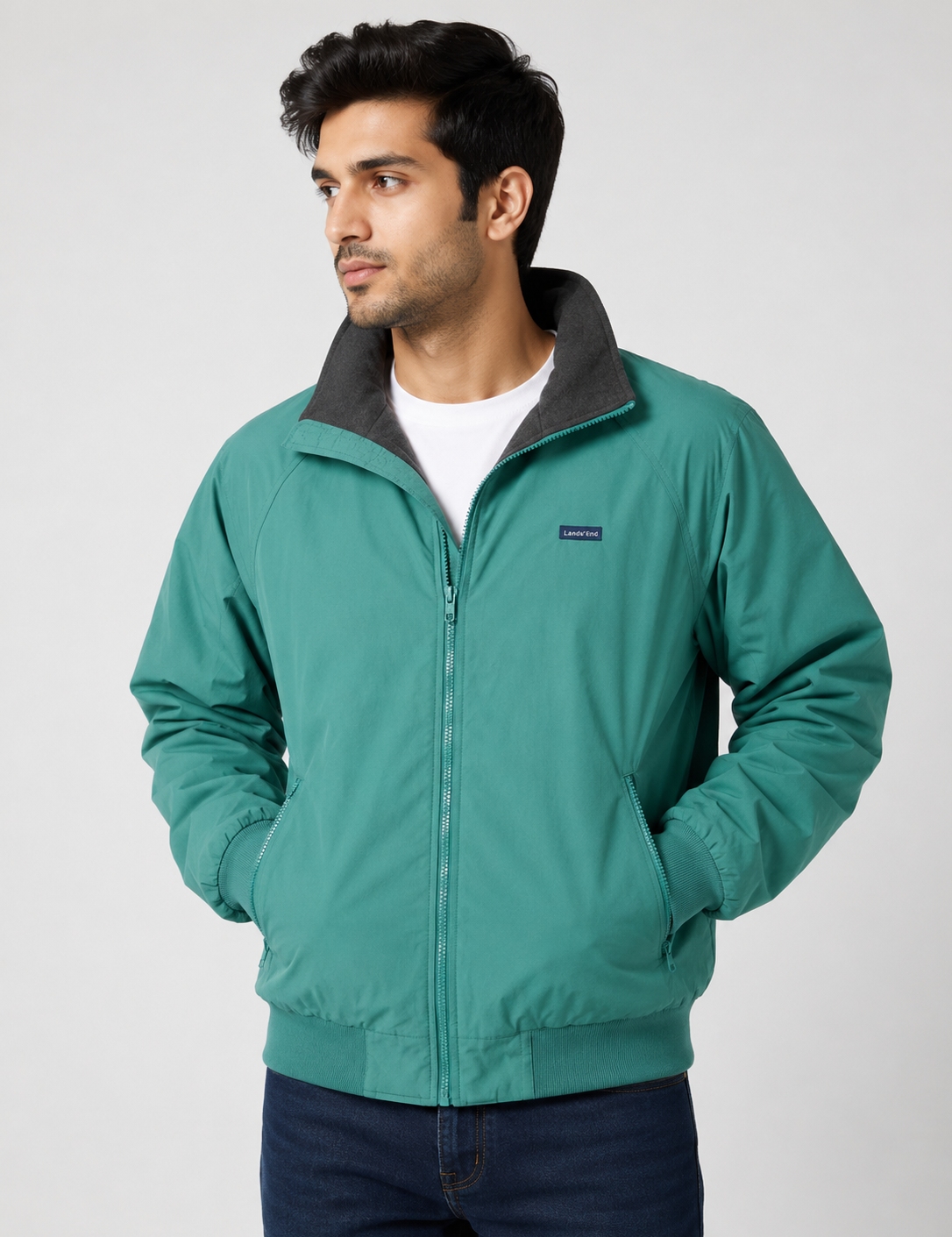  LANDS' END Green Full Zip Fleece-Lined Bomber Jacket for men. Lightweight, warm, wind-resistant, and perfect for casual wear, travel, and everyday comfort.