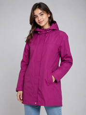 LANDS END women's magenta hooded raincoat in UK Size S. Stylish lightweight outerwear with hood, long sleeves and practical pockets.