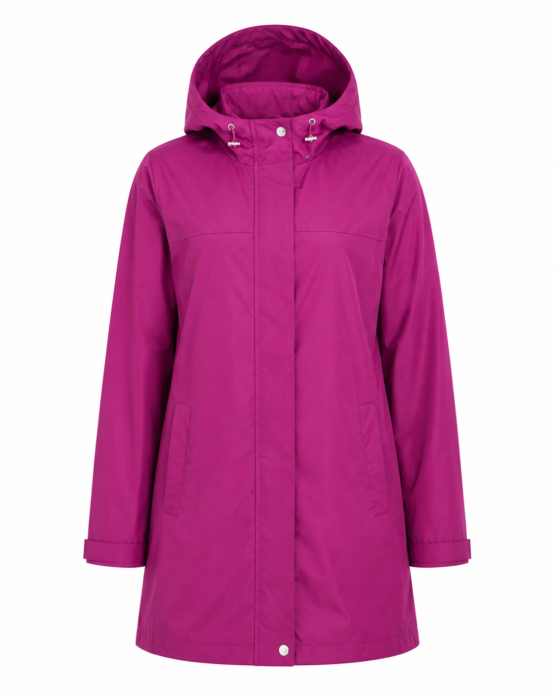 LANDS END women's magenta hooded raincoat in UK Size S. Stylish lightweight outerwear with hood, long sleeves and practical pockets.