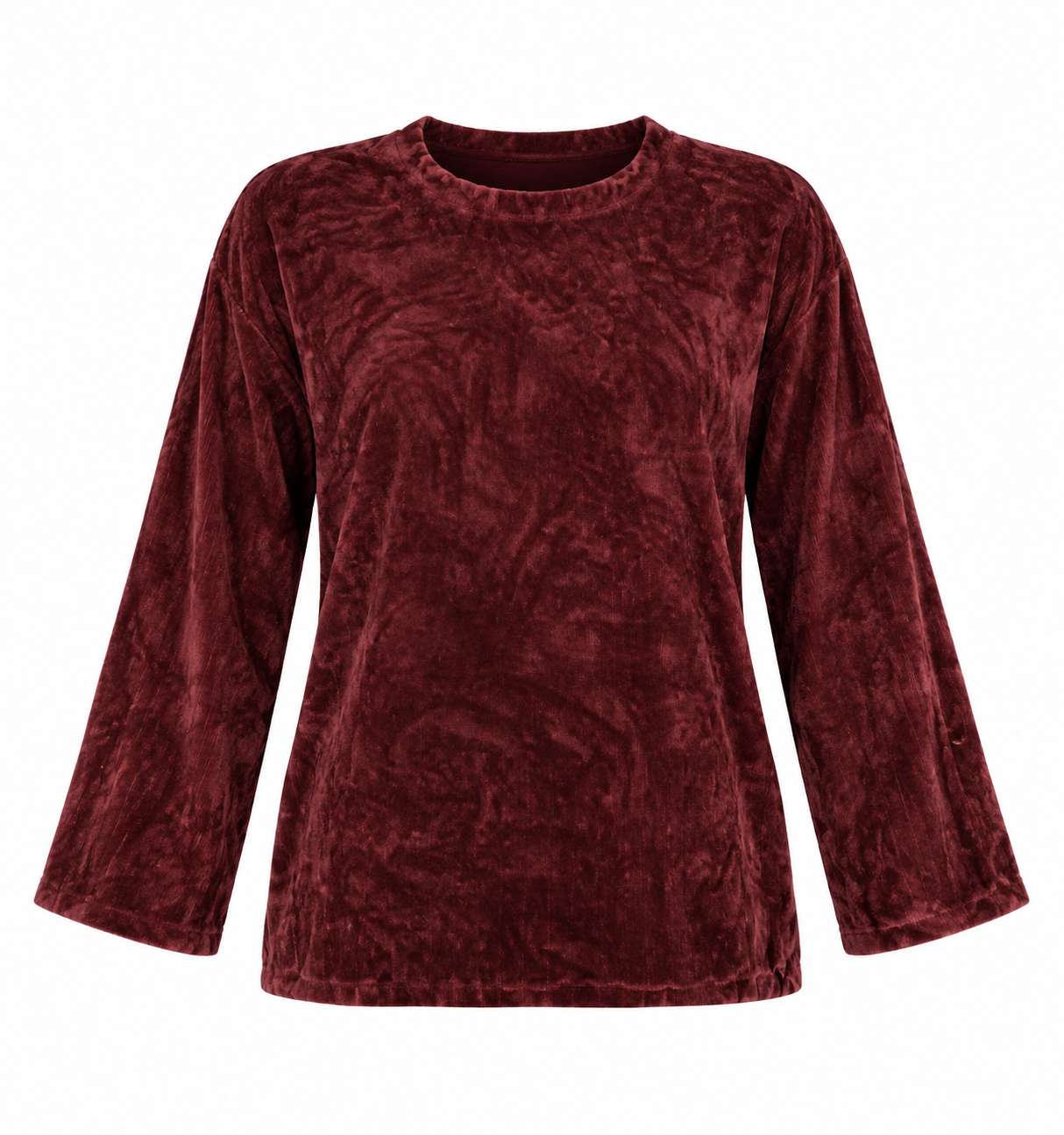  the Laura Ansley burgundy textured long sleeve top in UK size XL. Soft velvet-style fabric, relaxed fit and stylish everyday comfort.