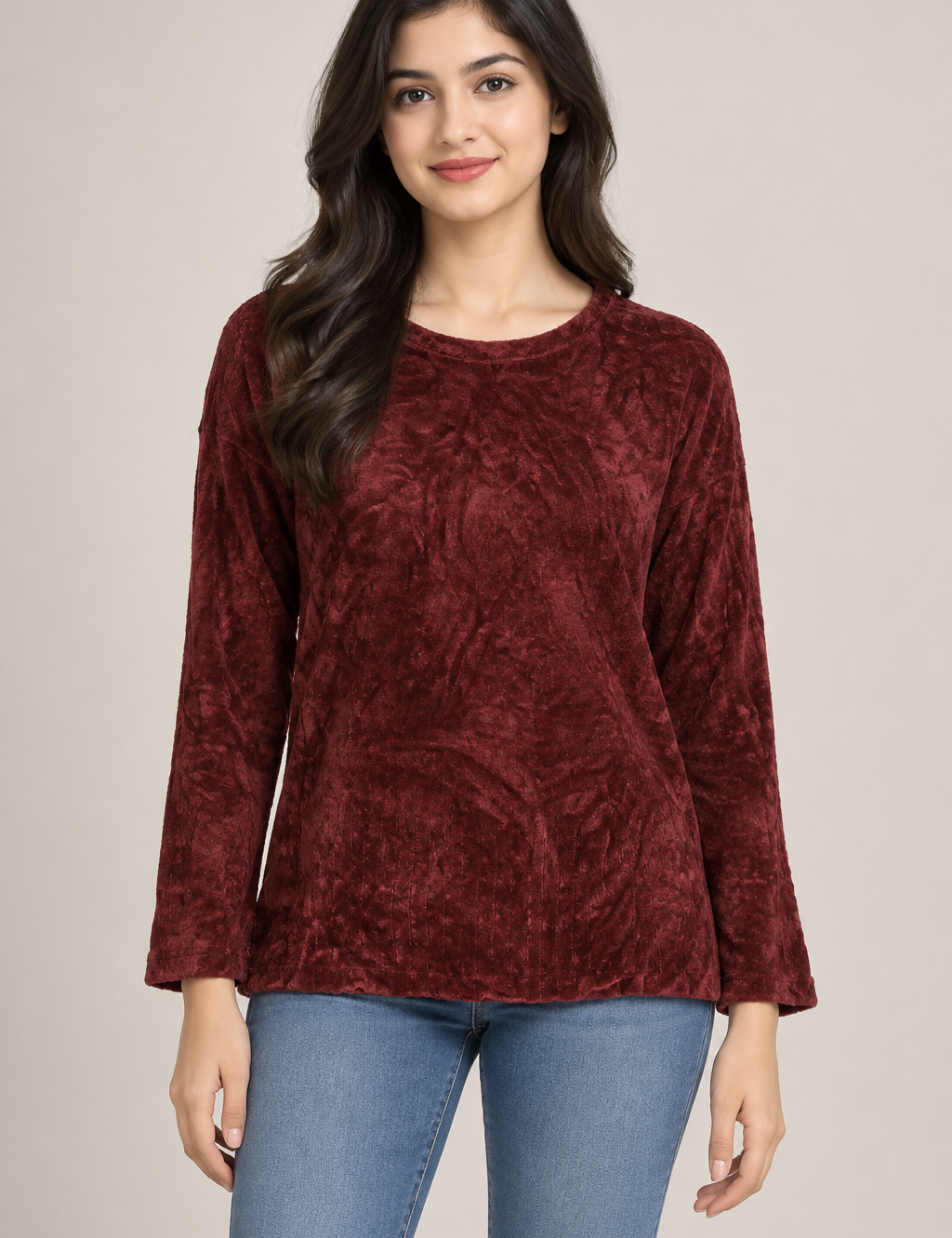  the Laura Ansley burgundy textured long sleeve top in UK size XL. Soft velvet-style fabric, relaxed fit and stylish everyday comfort.