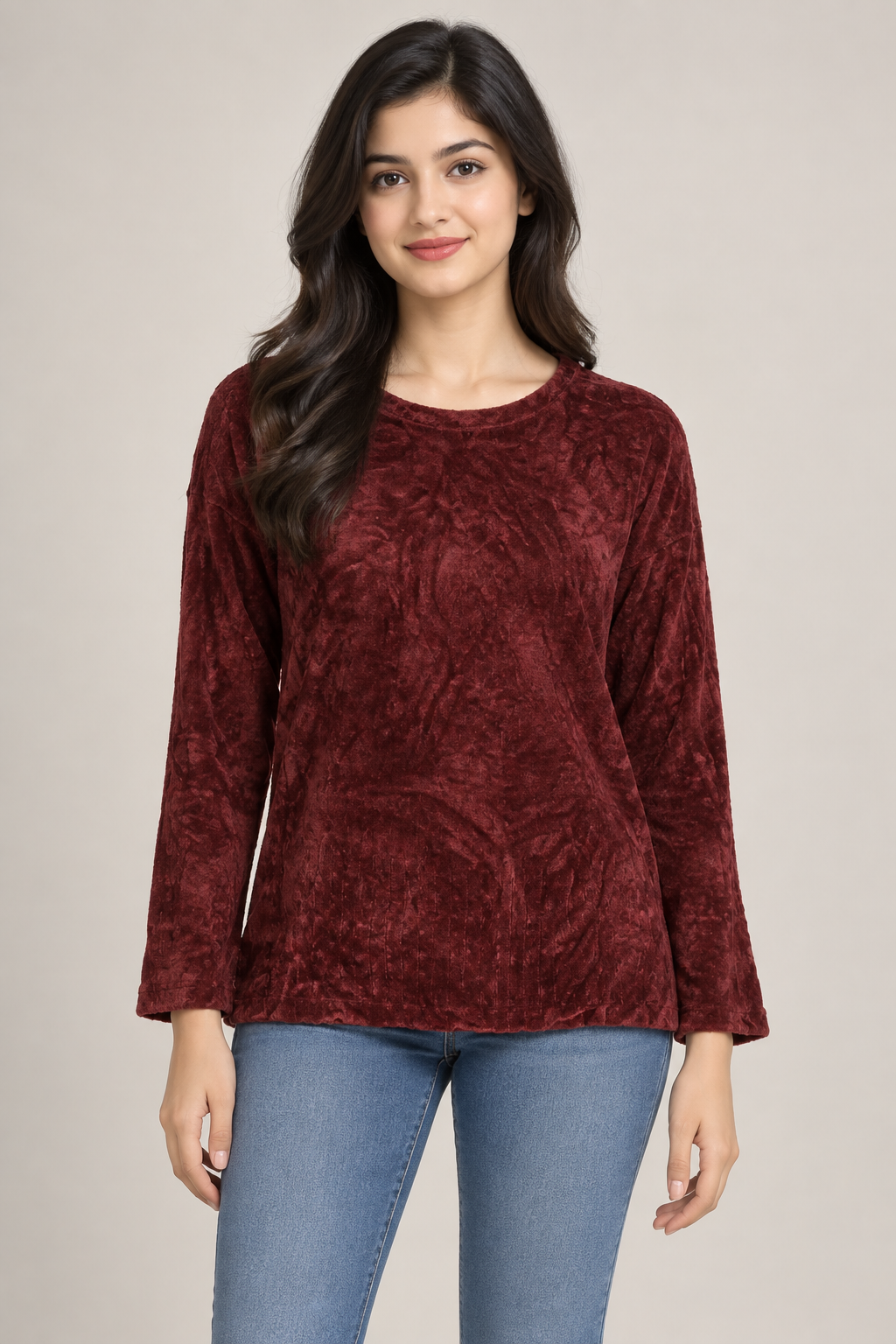  the Laura Ansley burgundy textured long sleeve top in UK size XL. Soft velvet-style fabric, relaxed fit and stylish everyday comfort.