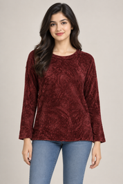  the Laura Ansley burgundy textured long sleeve top in UK size XL. Soft velvet-style fabric, relaxed fit and stylish everyday comfort.