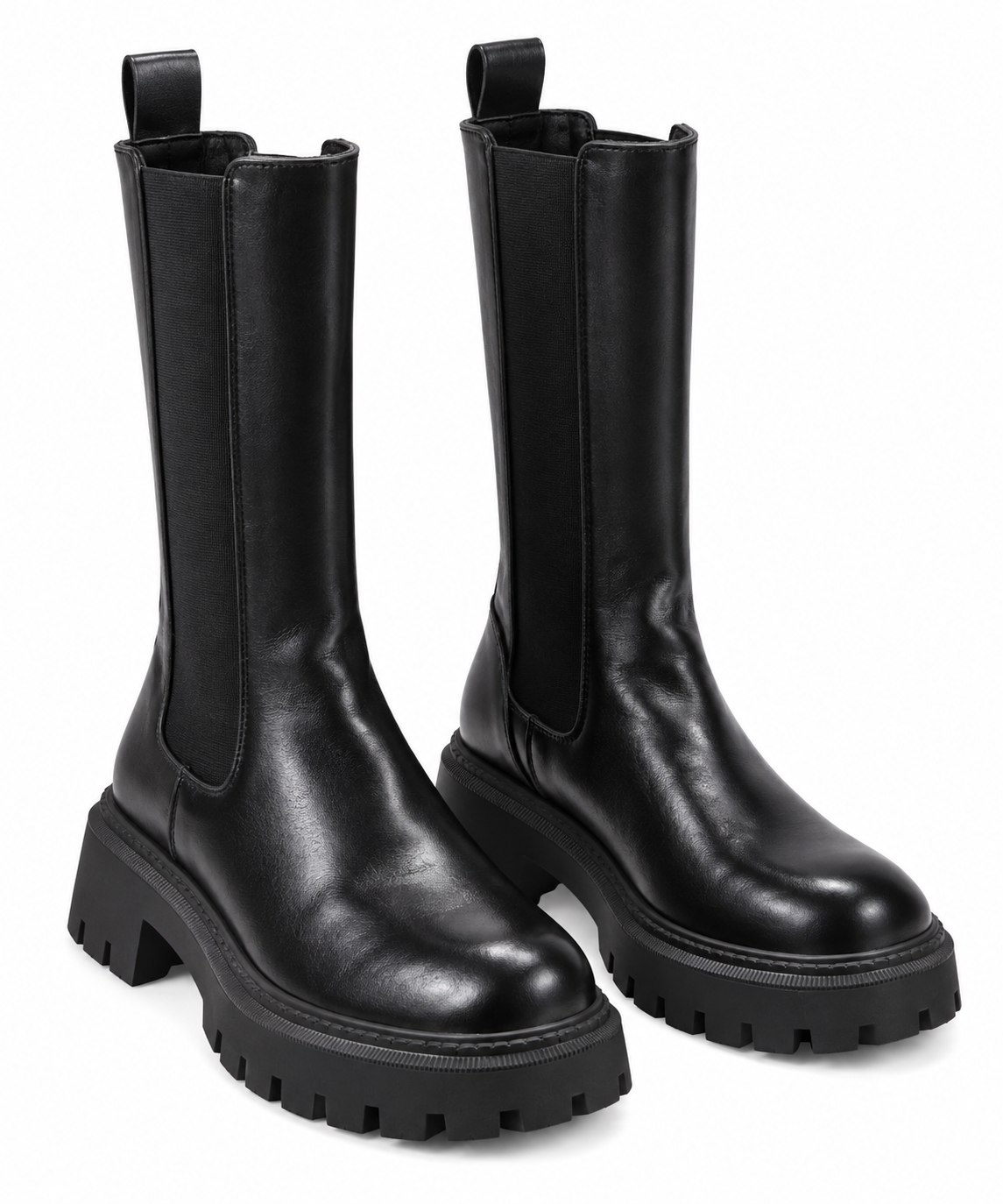  Leather Boots black chunky platform boots in UK Size 40. Stylish tall design with rear zip and durable lug sole. Premium imported fashion footwear.
