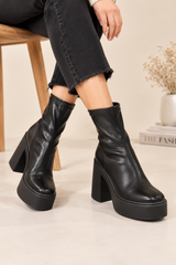 Leather Boots Women Black Platform Ankle Boots