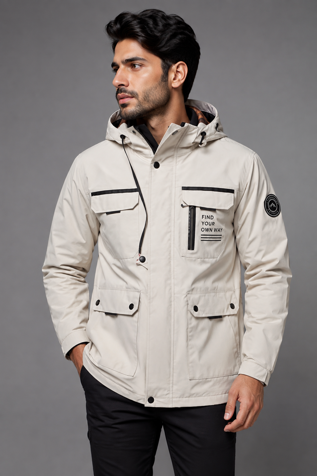  Leduntino Men’s Cream Hooded Utility Parka Jacket in UK Size M. Stylish multi-pocket design, adjustable hood and practical outdoor-inspired detailing.