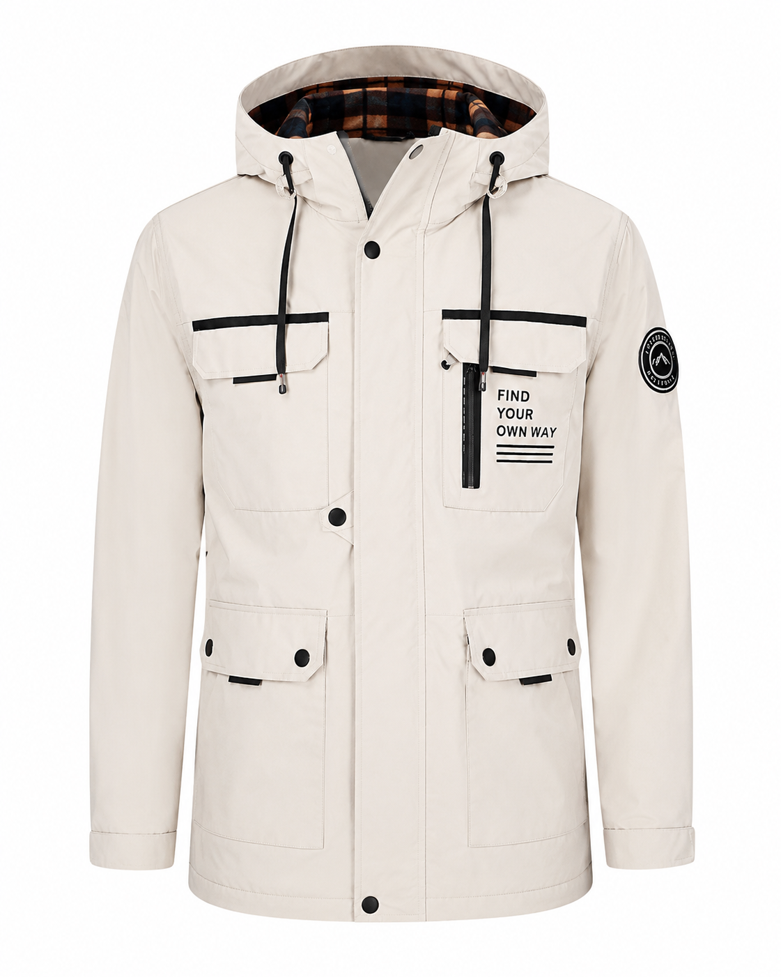  Leduntino Men’s Cream Hooded Utility Parka Jacket in UK Size M. Stylish multi-pocket design, adjustable hood and practical outdoor-inspired detailing.