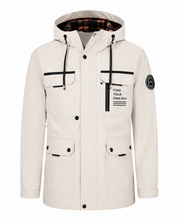  Leduntino Men’s Cream Hooded Utility Parka Jacket in UK Size M. Stylish multi-pocket design, adjustable hood and practical outdoor-inspired detailing.