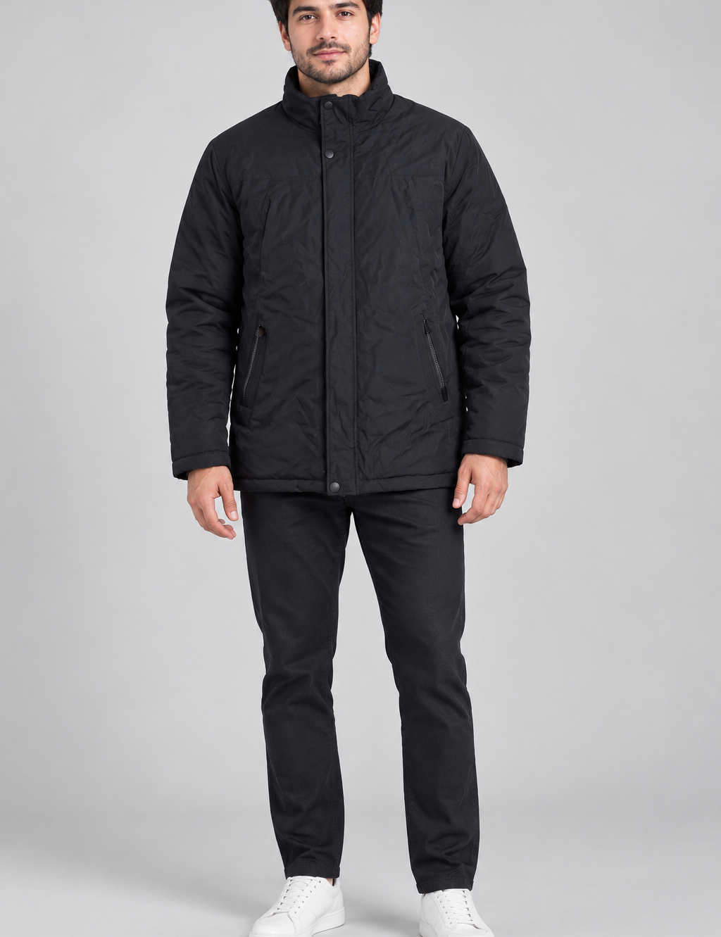   Lee Cooper men’s black padded winter jacket in UK size XL. Warm high-neck coat with front fastening and zip pockets—ideal for everyday winter wear.