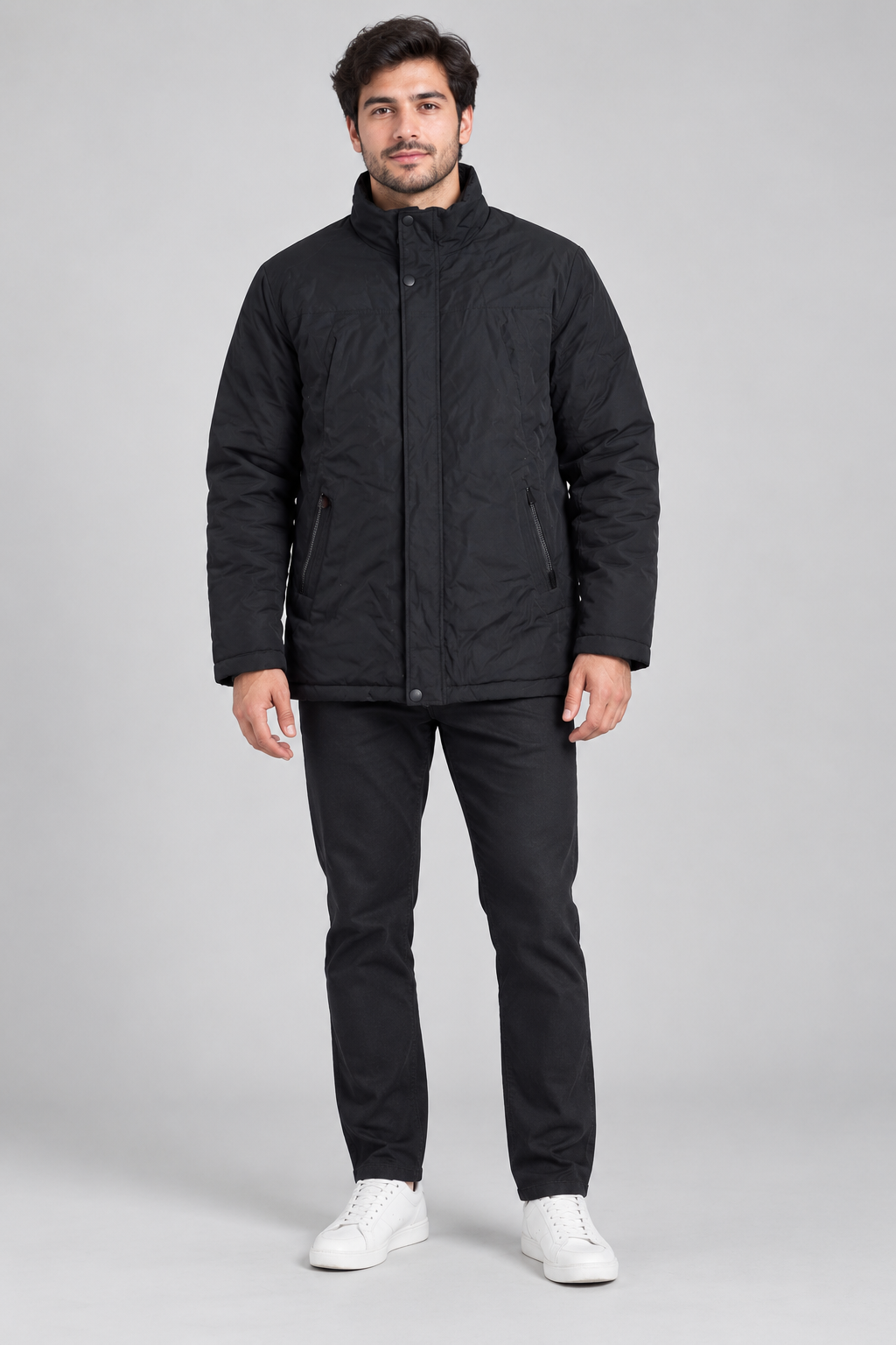   Lee Cooper men’s black padded winter jacket in UK size XL. Warm high-neck coat with front fastening and zip pockets—ideal for everyday winter wear.