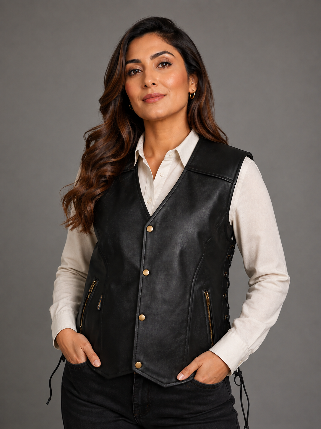  LESA black leather-look biker vest for women in UK 5XL. Features zip pockets, snap buttons, lace-up sides and a stylish sleeveless design.