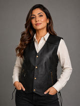 LESA Black Leather Look Biker Vest for Women