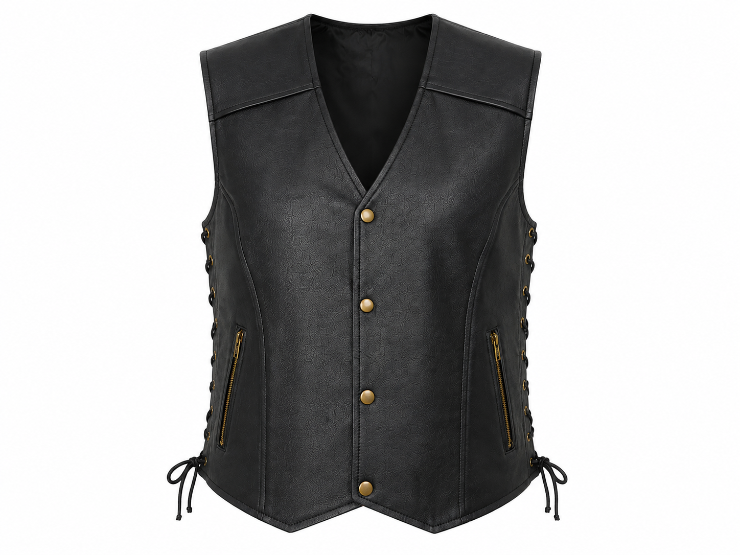  LESA black leather-look biker vest for women in UK 5XL. Features zip pockets, snap buttons, lace-up sides and a stylish sleeveless design.