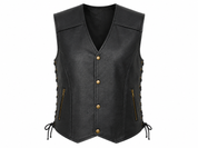  LESA black leather-look biker vest for women in UK 5XL. Features zip pockets, snap buttons, lace-up sides and a stylish sleeveless design.