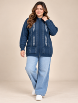 LIFE STYLE Women Navy Blue Patterned Zip-Up Knitted Cardigan