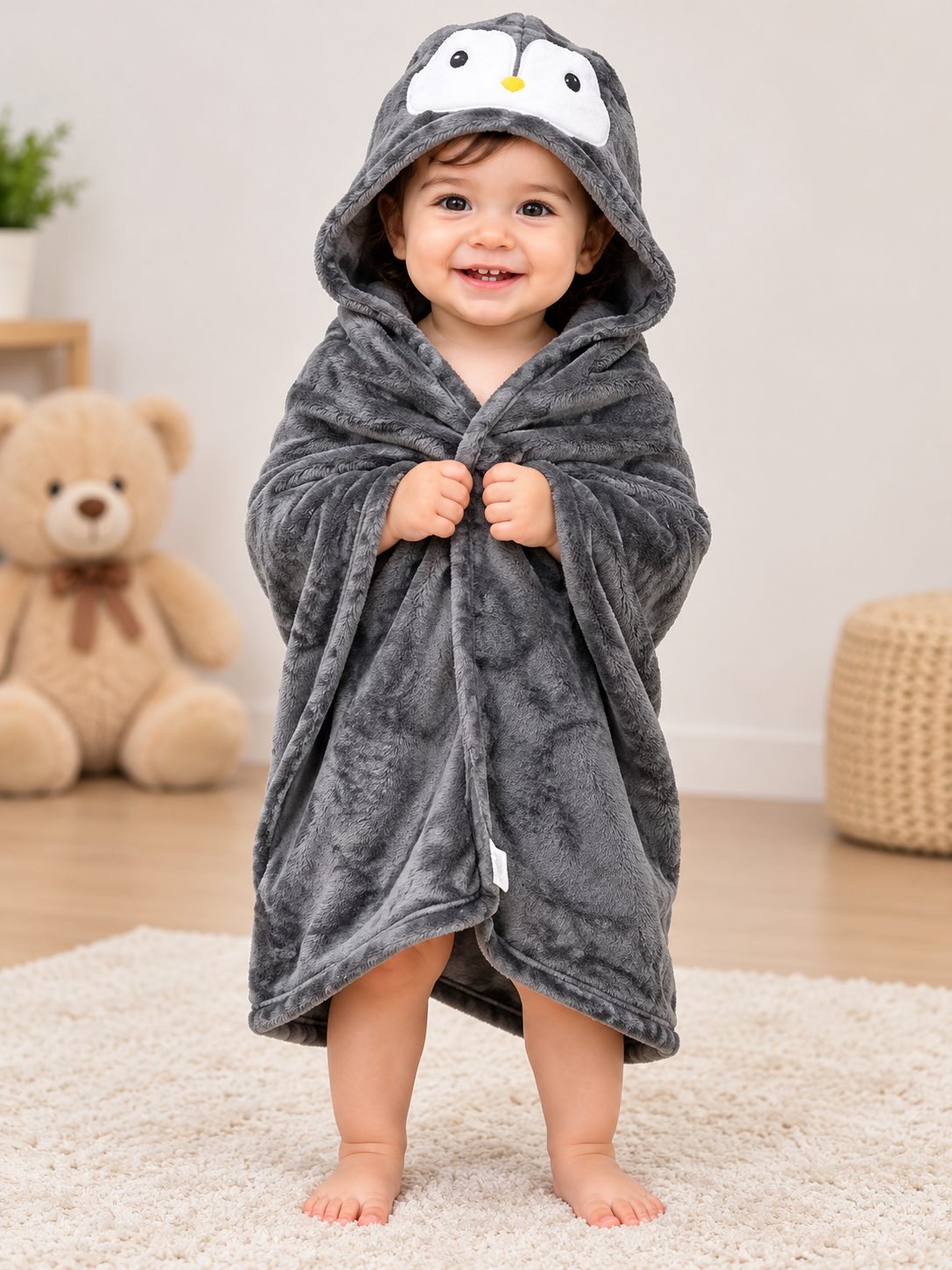 Lily & Dan Baby Grey Penguin Hooded Fleece Wrap, UK 12–16 Months. Cute, soft and cosy hooded blanket for babies. Perfect for bath time and lounging.