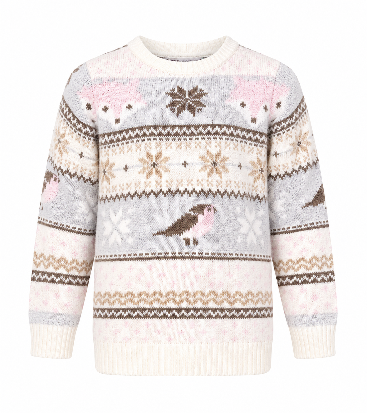   Lily & Dan girls’ Fair Isle knitted jumper in cream and pastel tones, UK size 7-8 years. A cozy long-sleeve winter sweater with a stylish seasonal pattern.