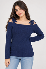 LIMITED COLLECTION Navy Ribbed Cold Shoulder Bow Detail Jumper