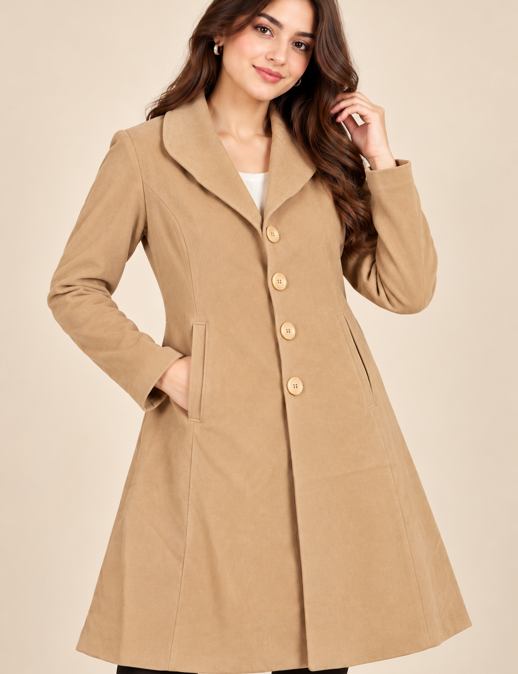 LINEA Women’s Beige Long Tailored Coat in UK Size M. Elegant button-front design with full sleeves, side pockets and a flattering longline fit.
