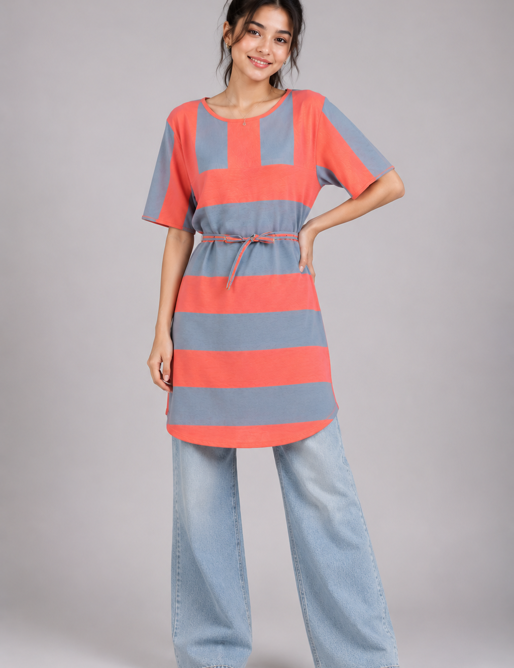 LINK girls’ coral and grey striped tunic dress in UK 16. Stylish relaxed fit with short sleeves, rounded hem and centre tie belt.