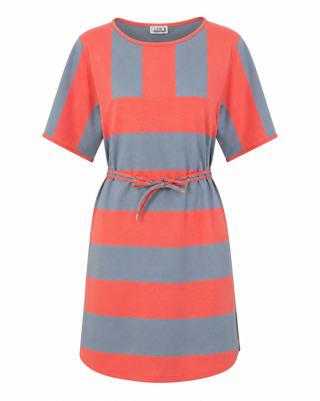  LINK girls’ coral and grey striped tunic dress in UK 16. Stylish relaxed fit with short sleeves, rounded hem and centre tie belt.