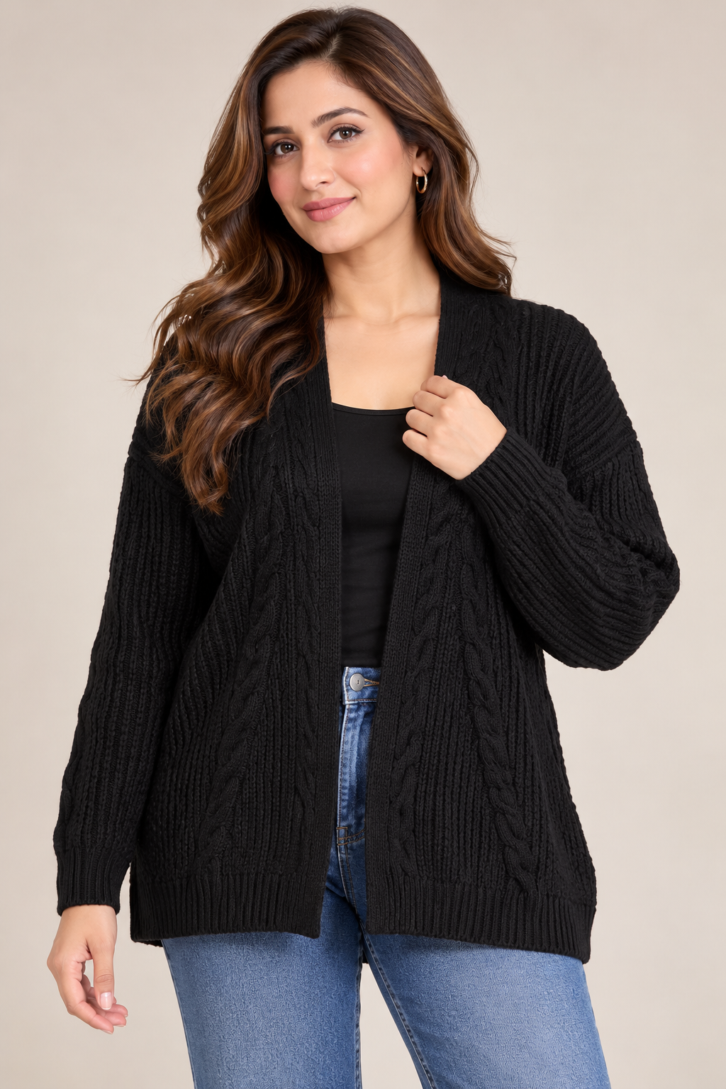  Lipsy Women's Black Cable Knit Open Front Cardigan in UK Size 12. Cozy, stylish knitwear with a relaxed fit, perfect for winter layering.
