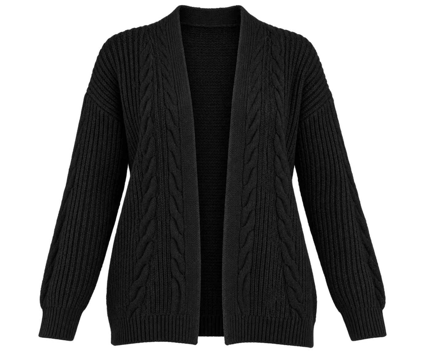  Lipsy Women's Black Cable Knit Open Front Cardigan in UK Size 12. Cozy, stylish knitwear with a relaxed fit, perfect for winter layering.