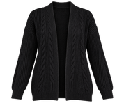  Lipsy Women's Black Cable Knit Open Front Cardigan in UK Size 12. Cozy, stylish knitwear with a relaxed fit, perfect for winter layering.