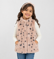 Little Kids girls' faux fur spotted gilet in soft pink with grey spots. Cosy sleeveless vest for girls, UK size 7-8 years, perfect for stylish winter layering.