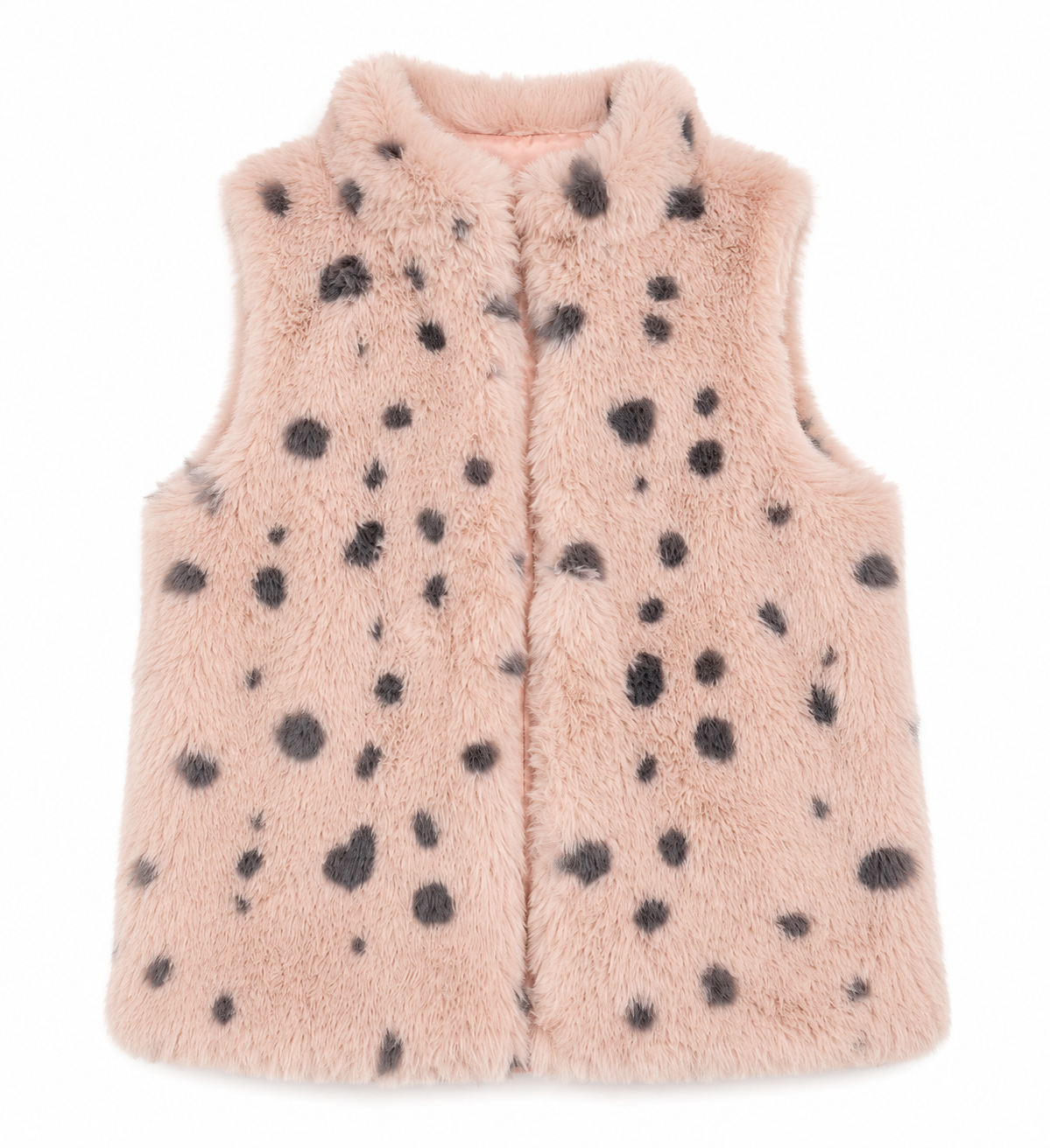 Little Kids girls' faux fur spotted gilet in soft pink with grey spots. Cosy sleeveless vest for girls, UK size 7-8 years, perfect for stylish winter layering.