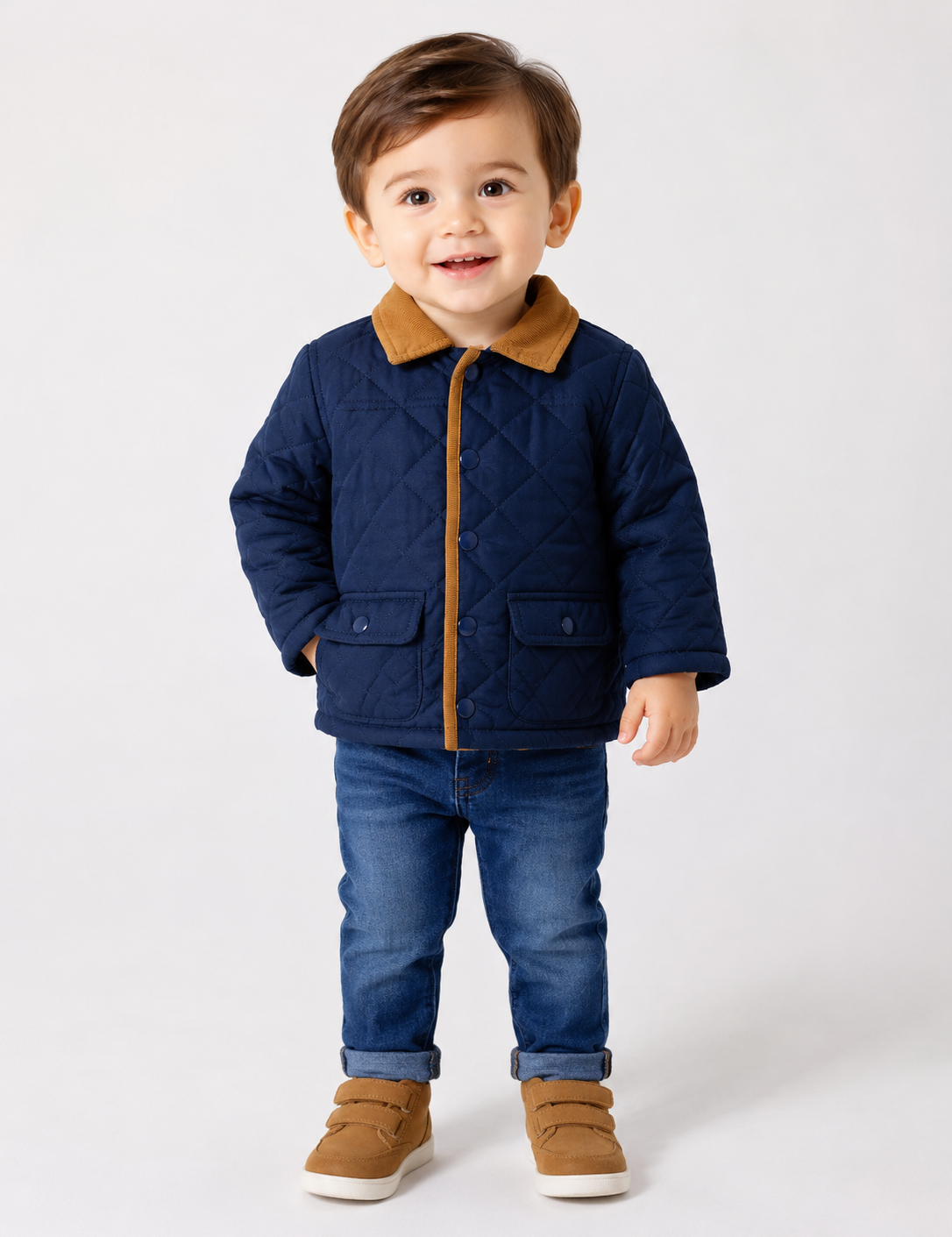 LITTLE LAD boys navy quilted jacket in UK size 2T, featuring a tan corduroy-style collar, button fastening and practical front pockets.