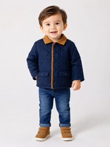 LITTLE LAD Boys Navy Quilted Jacket with Tan Corduroy Collar
