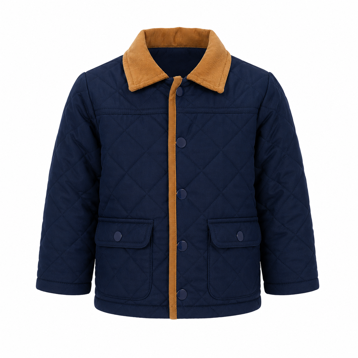 LITTLE LAD boys’ navy quilted jacket in UK size 2T, featuring a tan corduroy-style collar, button fastening and practical front pockets.