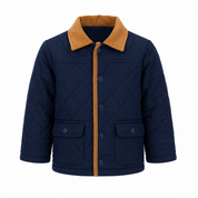 LITTLE LAD boys’ navy quilted jacket in UK size 2T, featuring a tan corduroy-style collar, button fastening and practical front pockets.