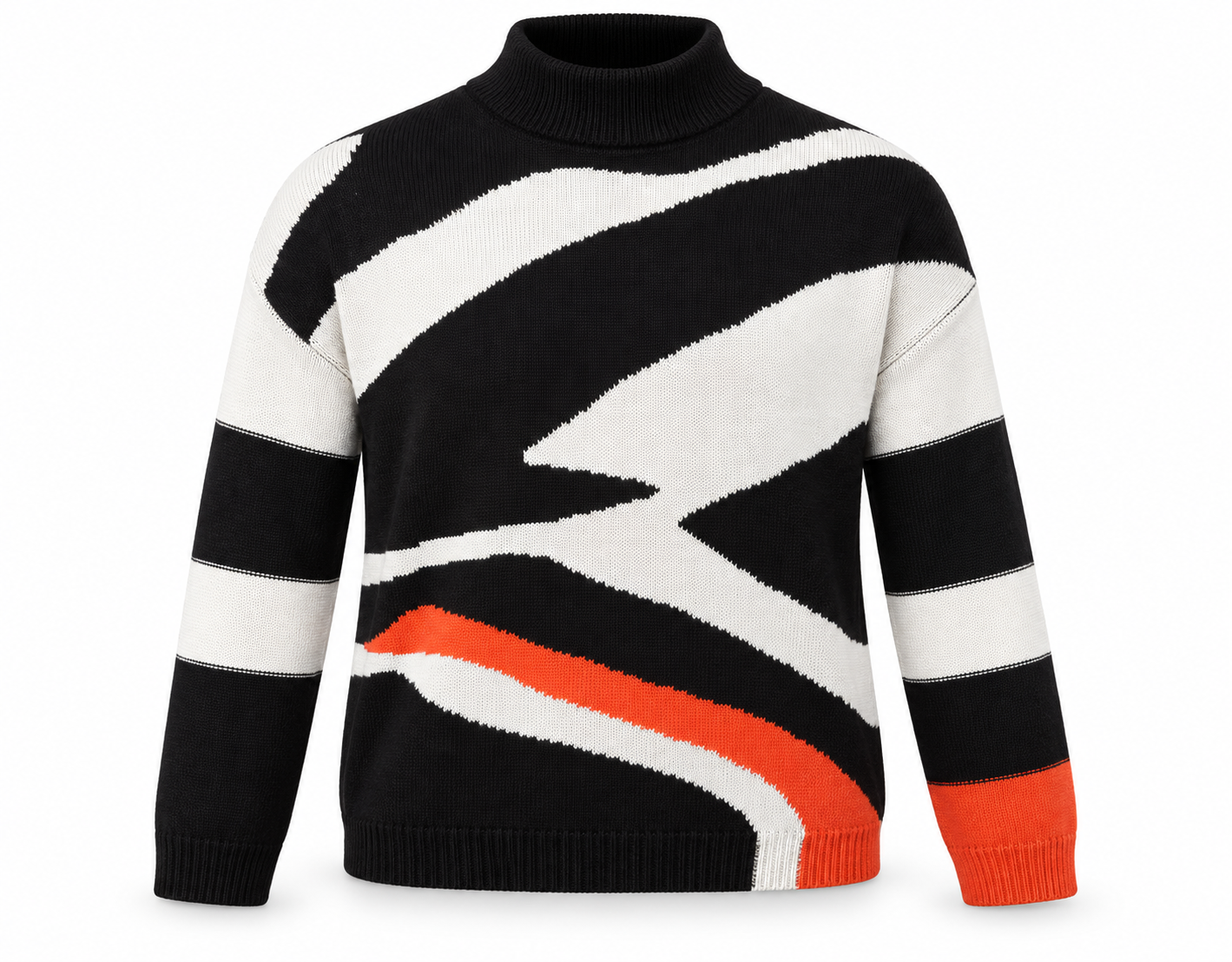   Little Miss black, white and orange geometric knit jumper in UK Size M. Warm high-neck design with bold contrast detailing, perfect for everyday winter styling.