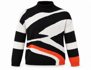   Little Miss black, white and orange geometric knit jumper in UK Size M. Warm high-neck design with bold contrast detailing, perfect for everyday winter styling.