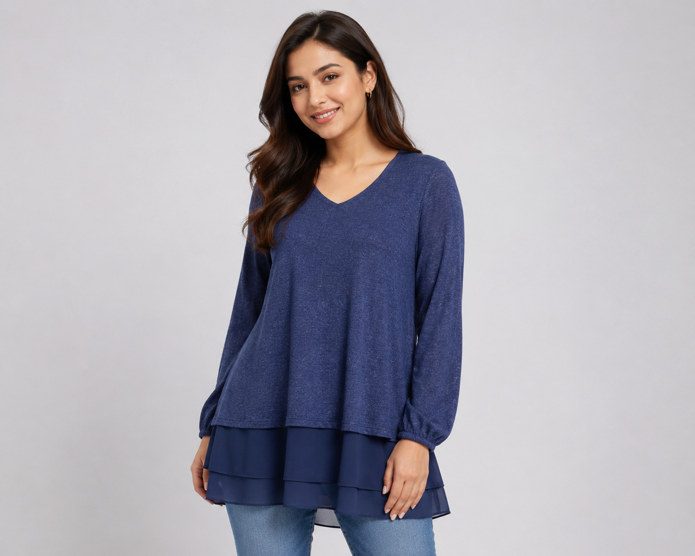 LIVE UNLIMITED LONDON navy blue layered V-neck tunic top in UK size 20. Stylish long sleeves, relaxed fit and flowing layered hem, perfect for casual wear.