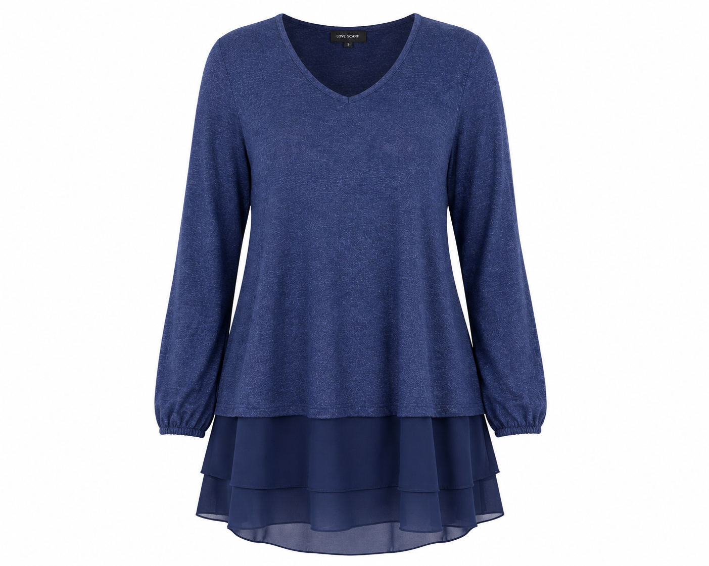 LIVE UNLIMITED LONDON navy blue layered V-neck tunic top in UK size 20. Stylish long sleeves, relaxed fit and flowing layered hem, perfect for casual wear.