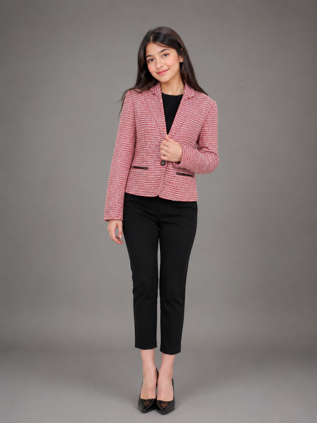 LOLE women’s red and white textured cropped blazer featuring a tailored fit, lapel collar, button closure and stylish black-trimmed pockets.