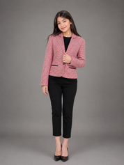 LOLE women’s red and white textured cropped blazer featuring a tailored fit, lapel collar, button closure and stylish black-trimmed pockets.