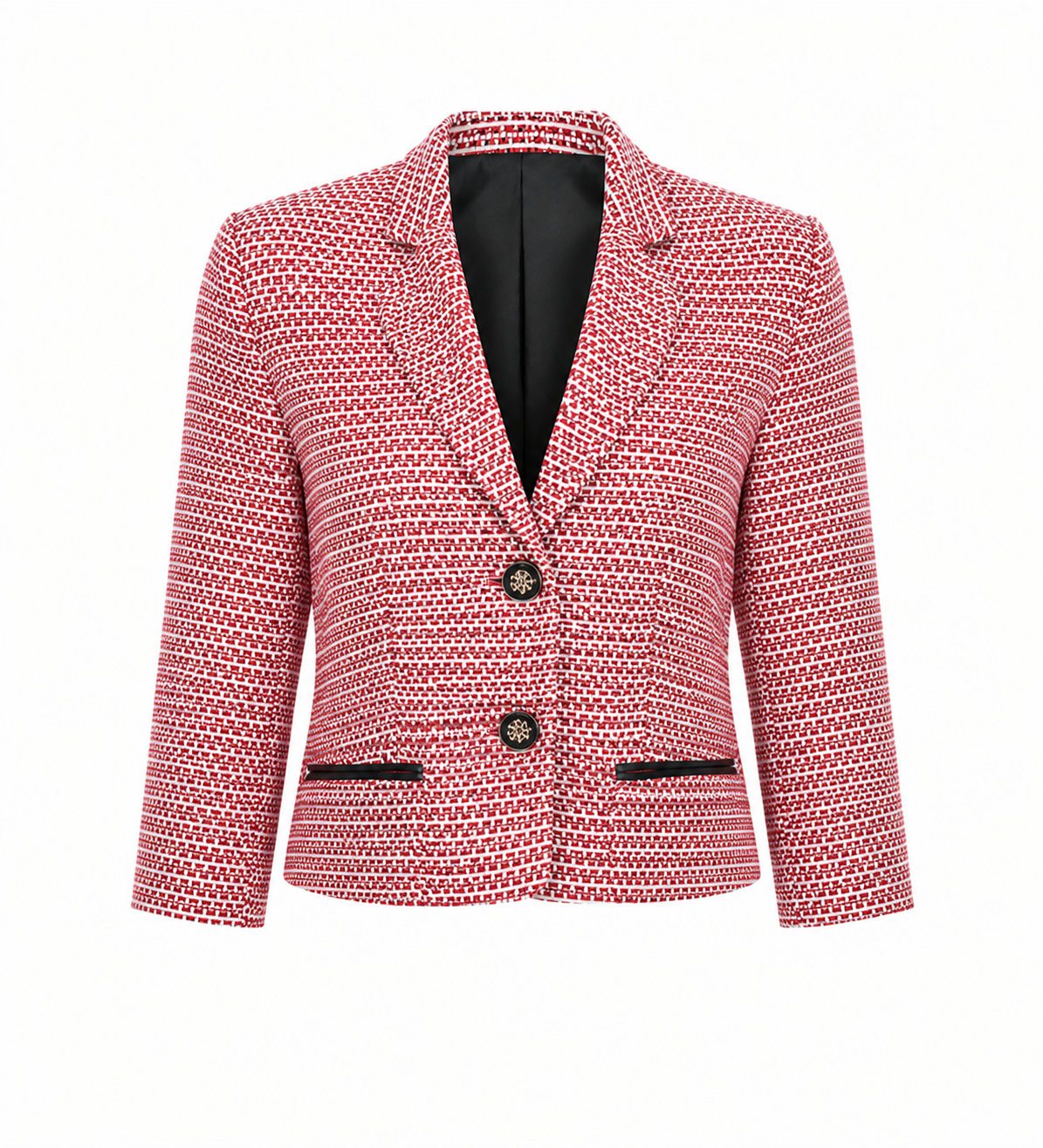  LOLE women’s red and white textured cropped blazer featuring a tailored fit, lapel collar, button closure and stylish black-trimmed pockets.