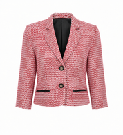  LOLE women’s red and white textured cropped blazer featuring a tailored fit, lapel collar, button closure and stylish black-trimmed pockets.