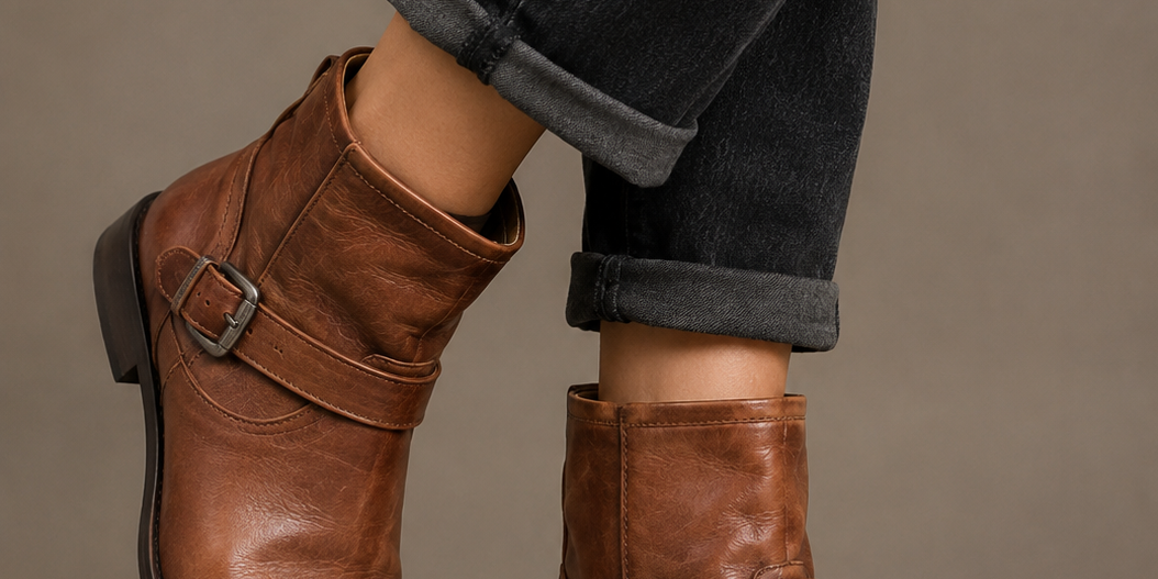  Lotus women’s brown ankle boots featuring a stylish buckle strap, rounded toe and durable low heel. A versatile choice for casual and everyday outfits.
