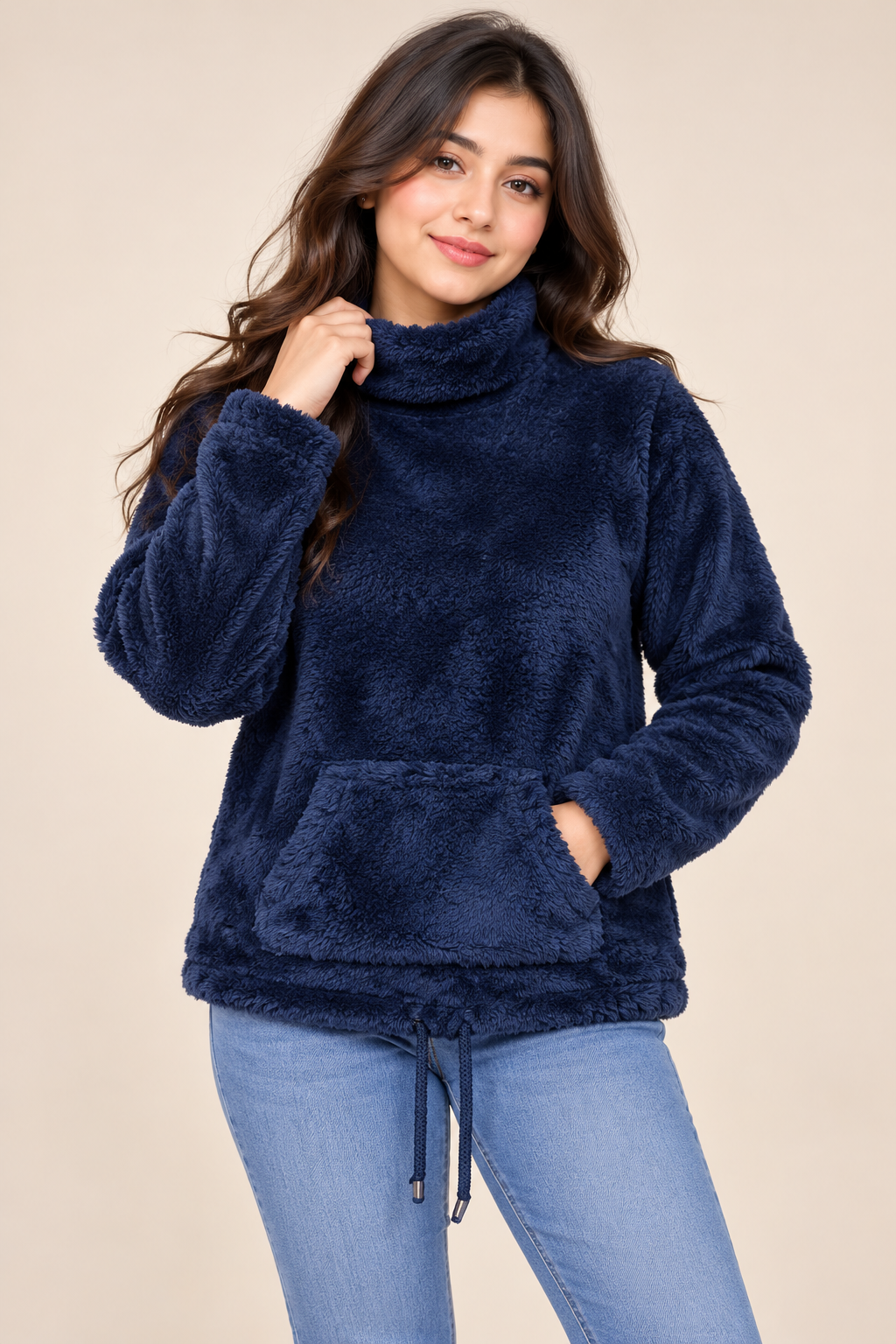  Lounge Wear Women's Navy Blue Teddy Fleece Pullover in UK XL. Cosy high neck, kangaroo pocket and adjustable hem. Perfect for winter and casual wear.