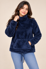 Lounge Wear Women's Navy Blue Teddy Fleece High Neck Pullover with Kangaroo Pocket